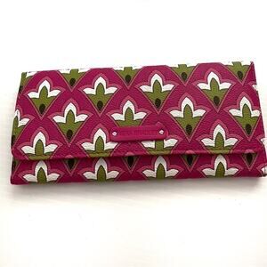 Vera Bradley trifold wallet pink white and green abstract floral pattern